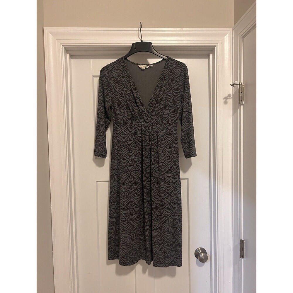 BODEN Floaty Jersey Knit Dress Gray Black Fan Print V-Neck WH277 Sz 8R US 12R UK